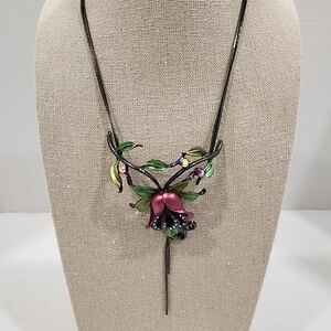 Floral Blooms Enamel Necklace. Flowers Leaves Rhinestones.